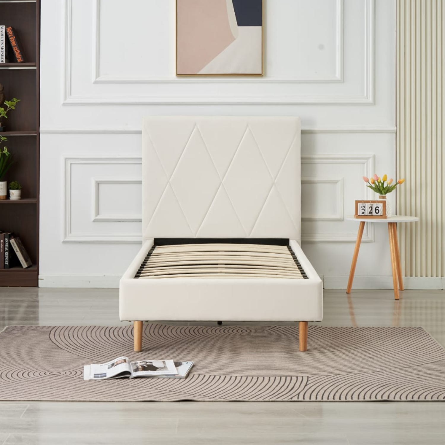 Lit Simple Pied Bois en Similicuir – Blanc, Beige, Noir, Gris – 90x190, 140x190, 160x200 cm