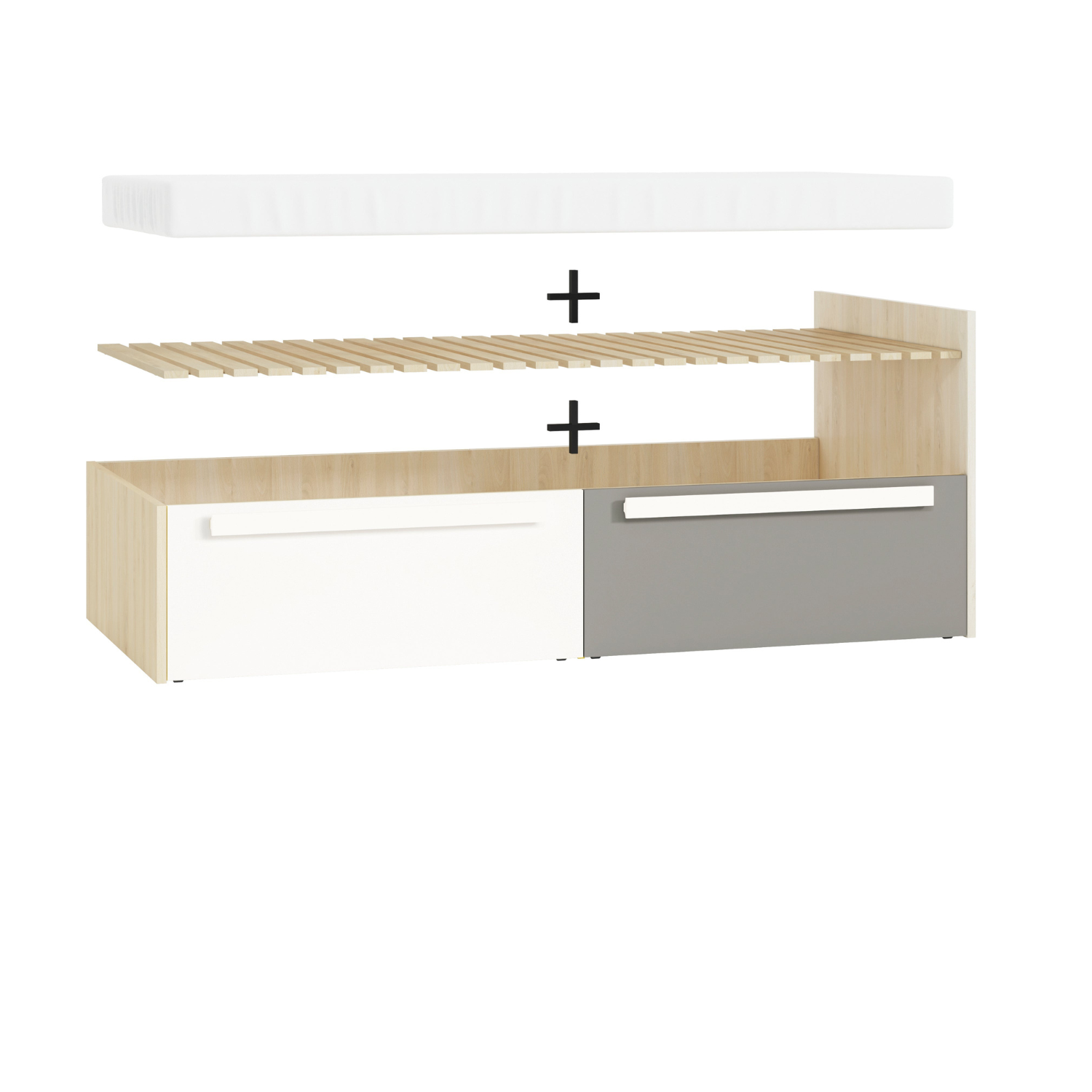 Lit contemporain Hêtre Fjord + Blanc, cadre solide avec bordure ABS et finition résistante