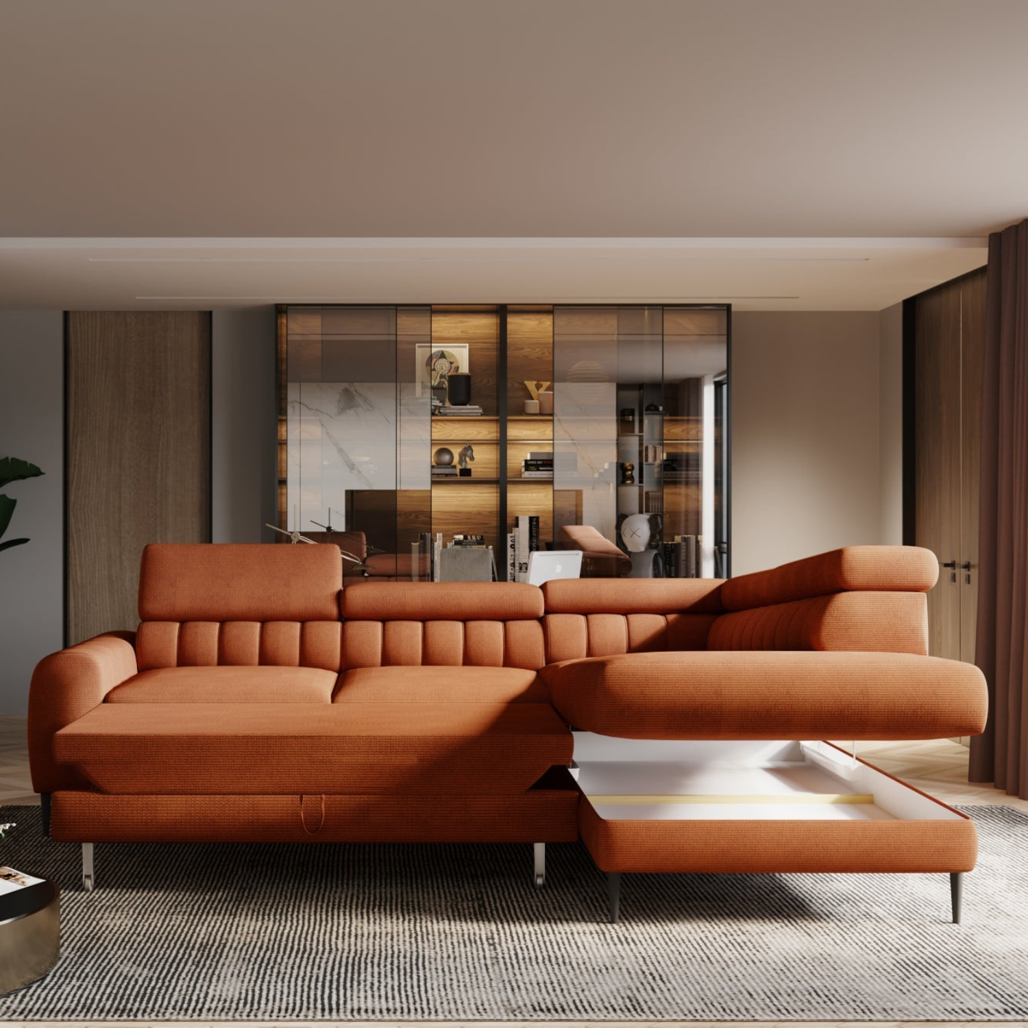 Canapé d’Angle  – Design Moderne, Système de Couchage DELFIN, Coffre de Rangement et Têtières Ajustables | Tissu Haut de Gamme