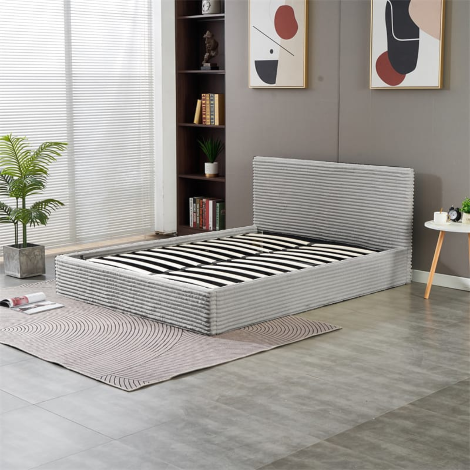 Lit Coffre Côtelé en Velours – Écru ou Gris – 90x190, 140x190, 160x200 cm