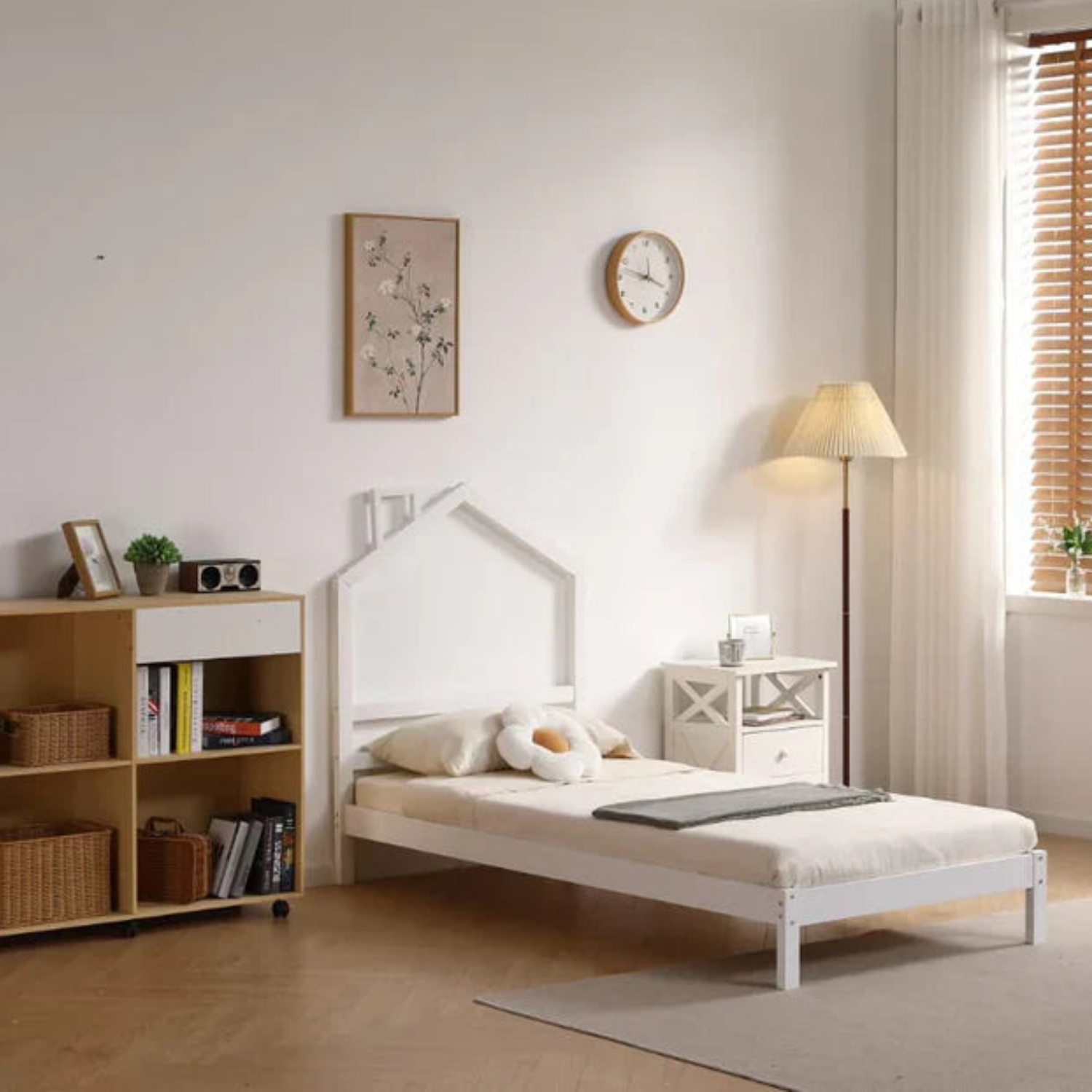 Lit Enfant  – Design Naturel en Bois Blanc et Gris 90x190 cm