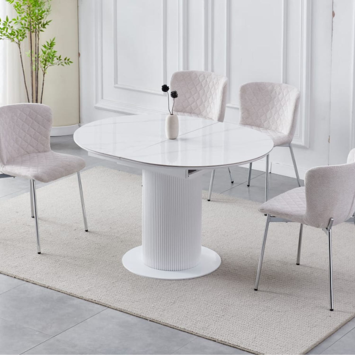 Table à Manger Extensible avec Rallonge en Céramique et Piètement en Bois Laqué et Inox