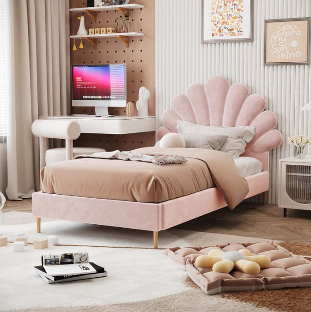 Lit Enfant Coquillage 90x190 cm en Velours Rose|Destockage|Decora Home