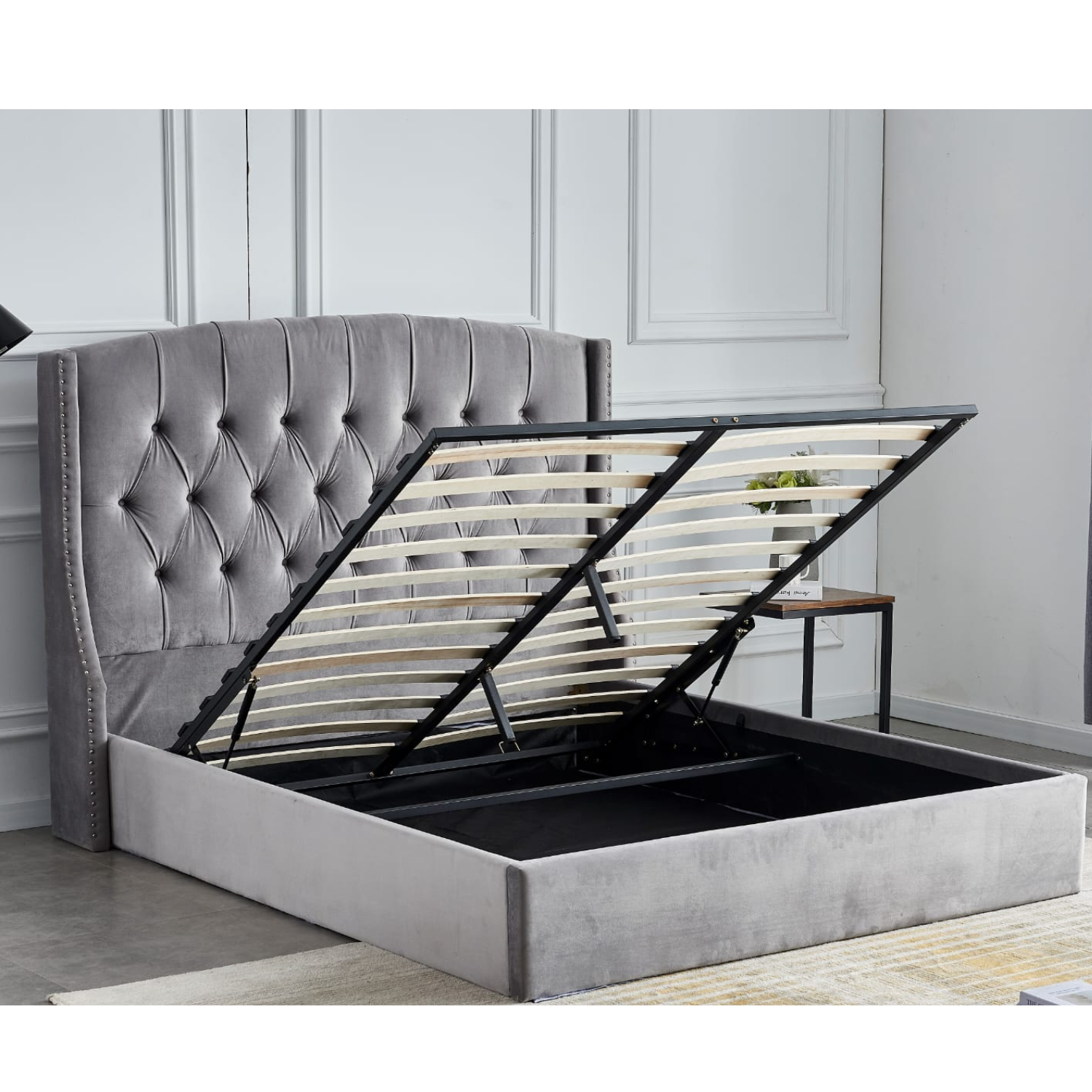 Lit coffre en velours capitonné – Sommier à lattes et rangement intégré – 180x200 cm – Gris, Beige ou Noir