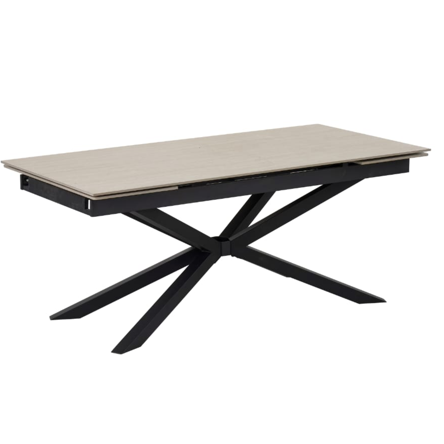 Table à manger extensible  – Plateau céramique travertin mat ou blanc –  Pied métal noir – 180/260x90x76 cm