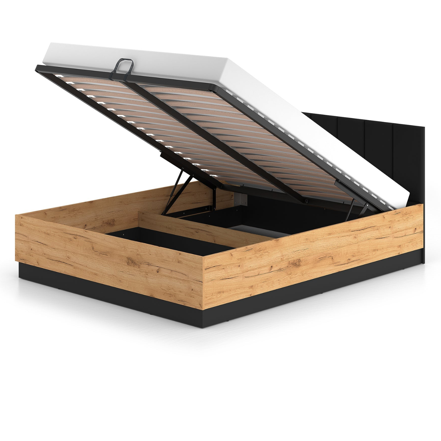 Lit en Chêne Craft Or + Noir avec Appuie-tête en Velours Noir – Design Élégant et Résistant