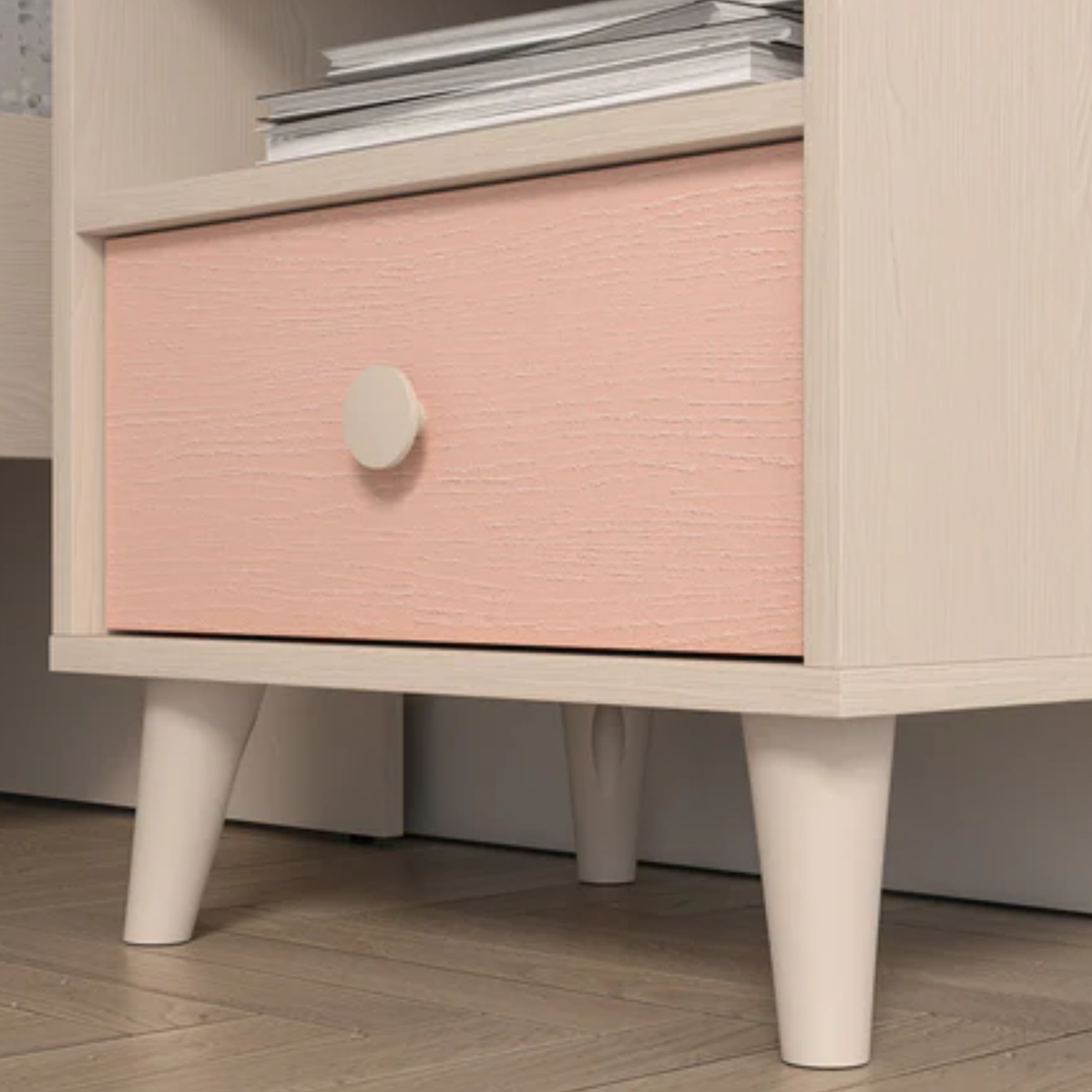 Table de chevet pour enfant en rose millénaire et sable du désert, avec bordure en ABS résistante aux chocs et à l'humidité