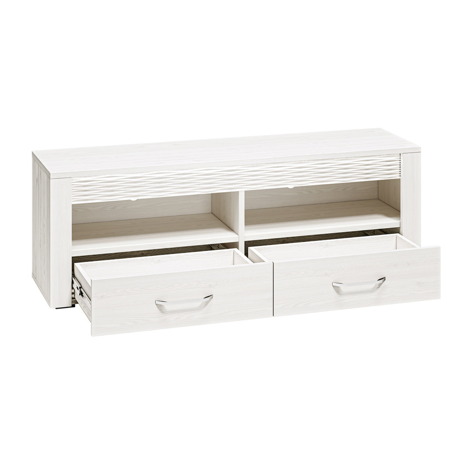 Meuble TV moderne – Pin Enneigé – Design épuré et durable – Compartiments de rangement pratiques