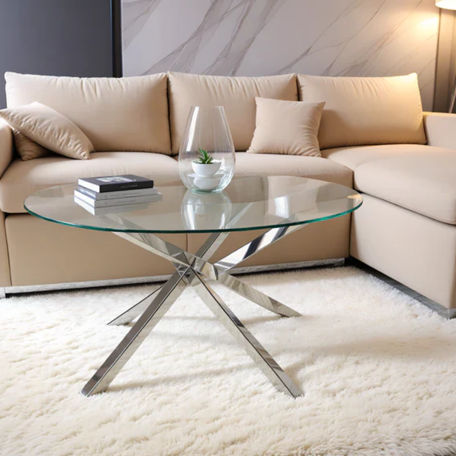 Table Basse Ronde en Verre ou Effet Marbre avec Structure Dorée ou Argentée