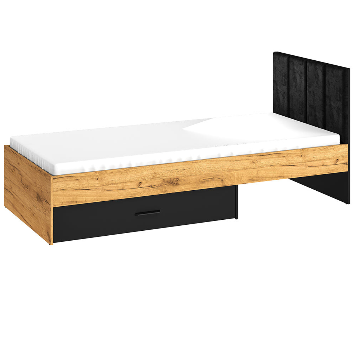 Lit en Chêne Craft Or et Noir avec Tête de Lit en Velours Noir – Design Moderne et Résistant