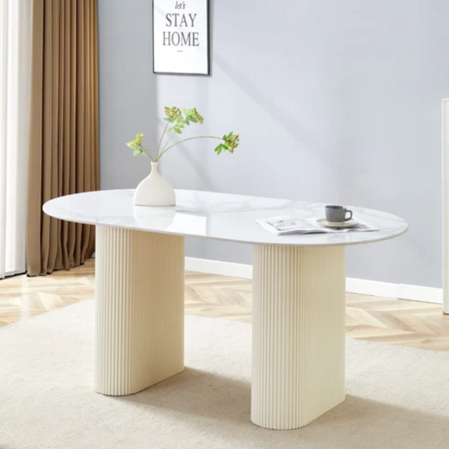 Table à manger – Design pierre naturelle –  Plateau céramique marbre ou travertin – Pied effet travertin ou beige – 160 ou 180 cm