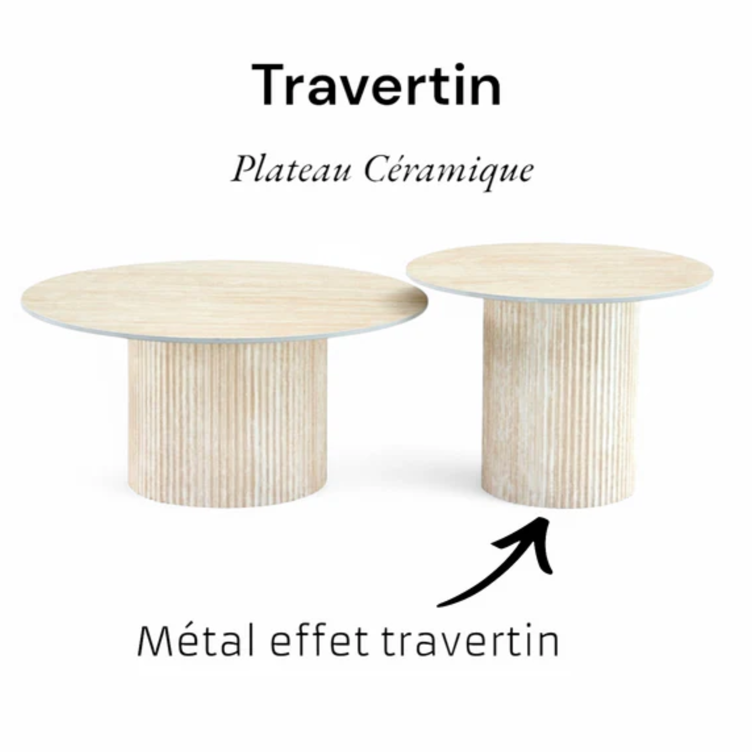 Table basse Plateau marbre en Céramique et Piètement Travertin