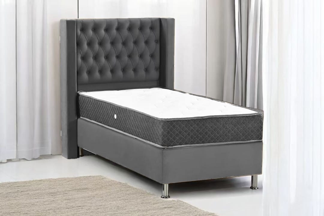 Lit Coffre 90x190 en Velours – Tête Capitonnée et Rangement Intégré, Beige ou Gris - Decora Home