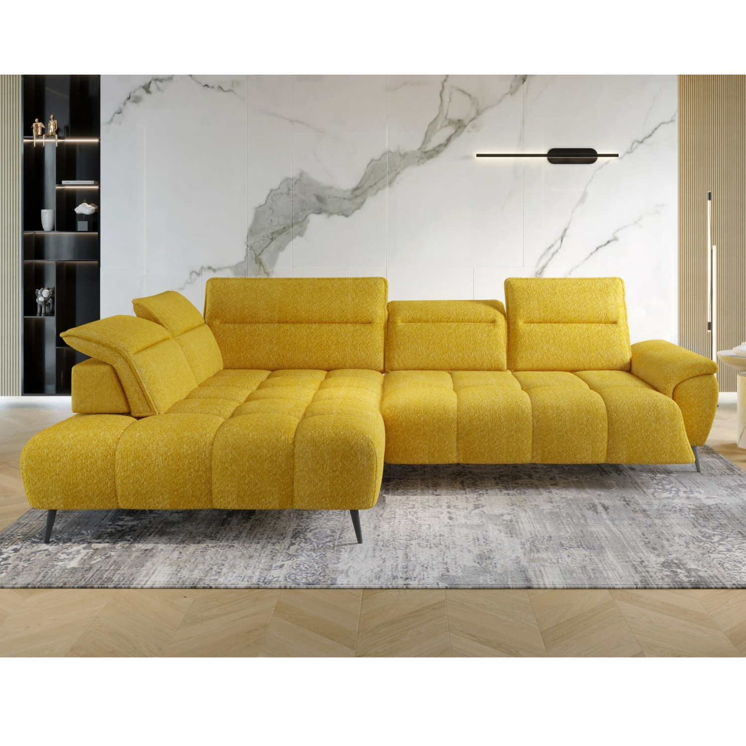 Canapé d’angle – Convertible avec rangement, têtières réglables & design moderne (S, L, XL)