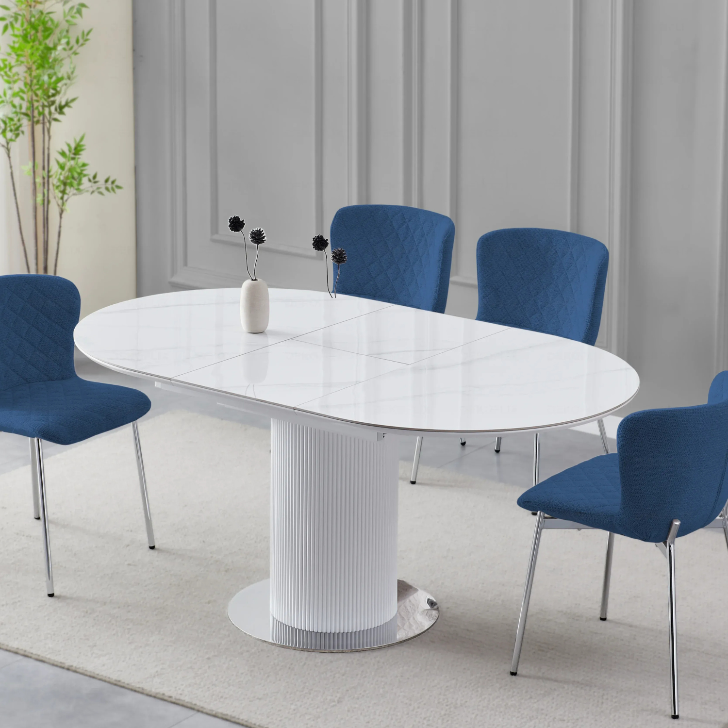 Table à Manger Extensible avec Rallonge en Céramique et Piètement en Bois Laqué et Inox