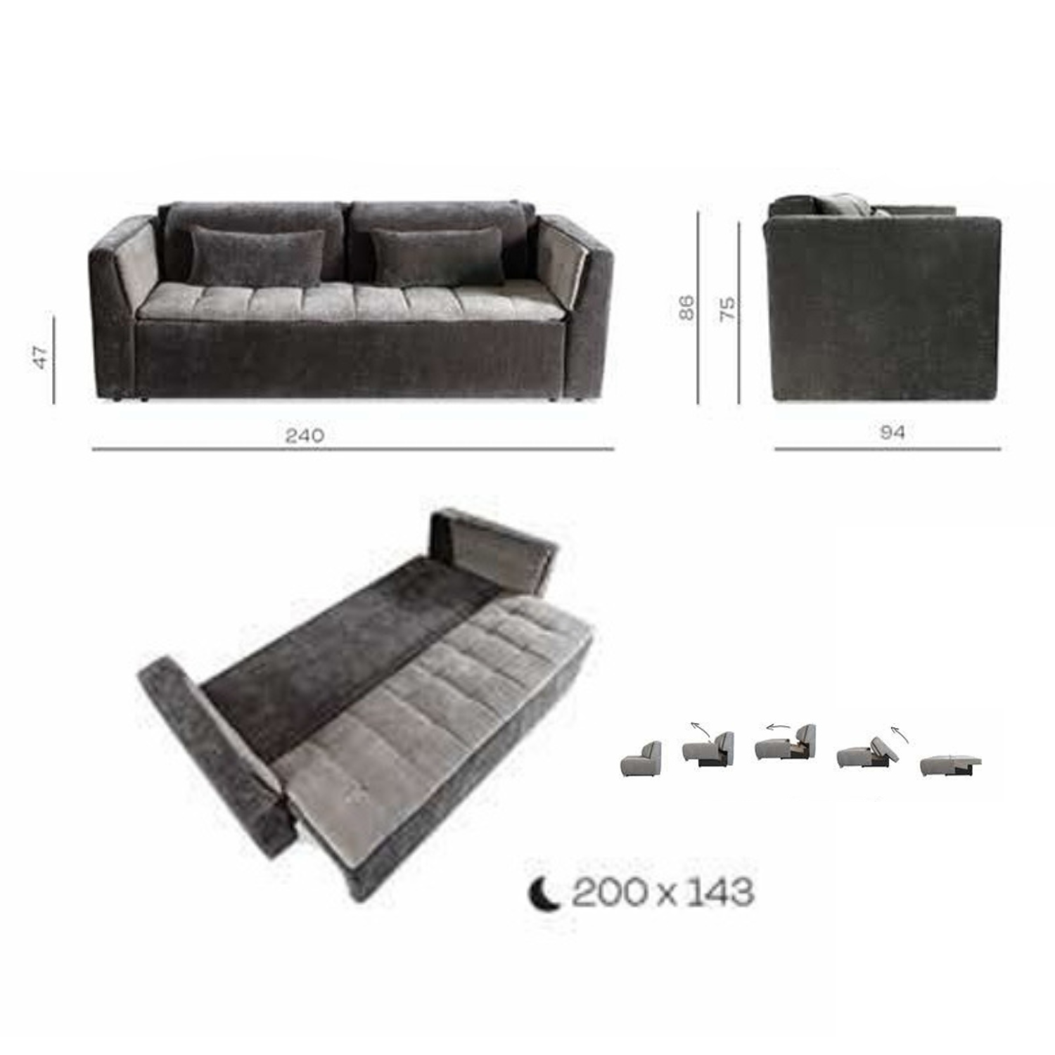 Canapé-lit – Grand canapé gris convertible avec couchage 191x150 cm