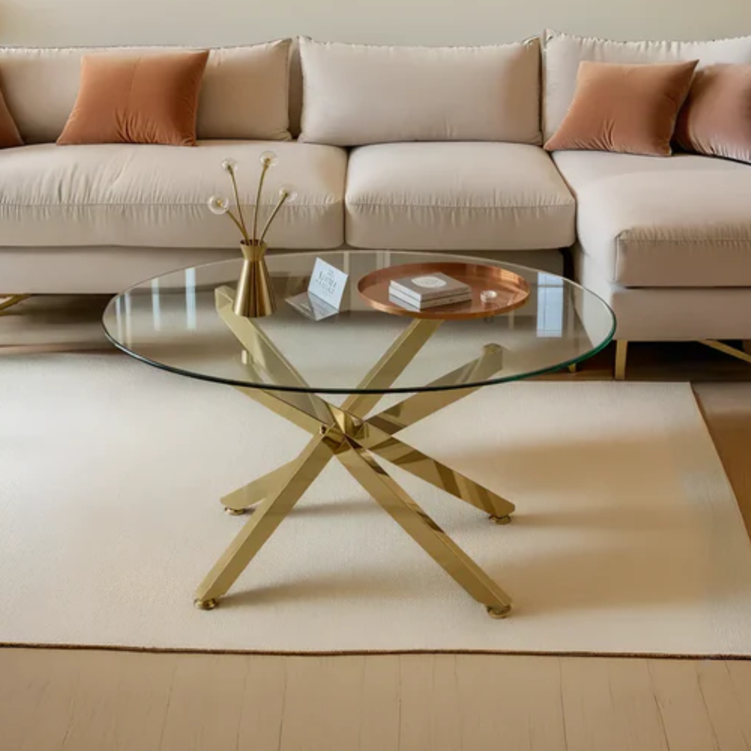 Table Basse Ronde en Verre ou Effet Marbre avec Structure Dorée ou Argentée