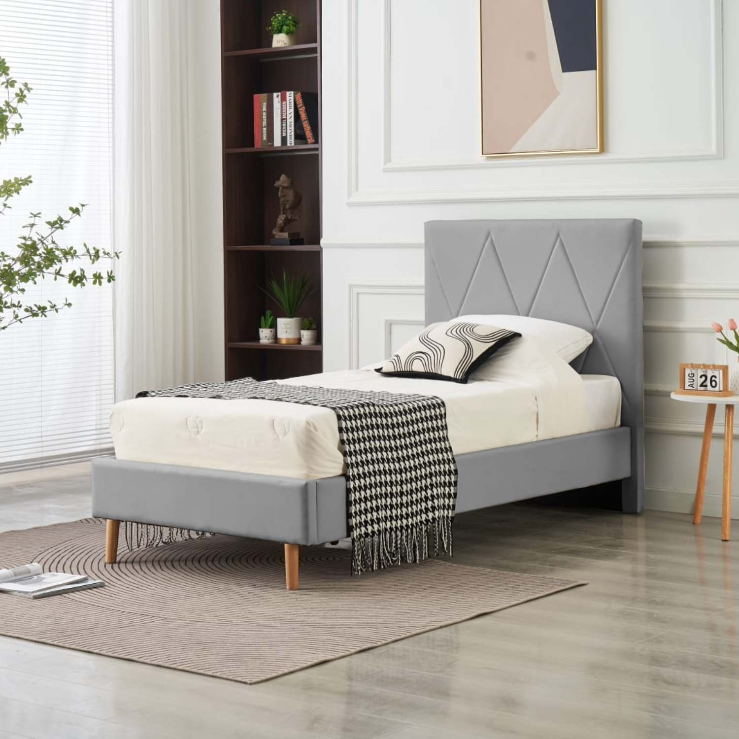 Lit Simple Pied Bois en Similicuir – Blanc, Beige, Noir, Gris – 90x190, 140x190, 160x200 cm