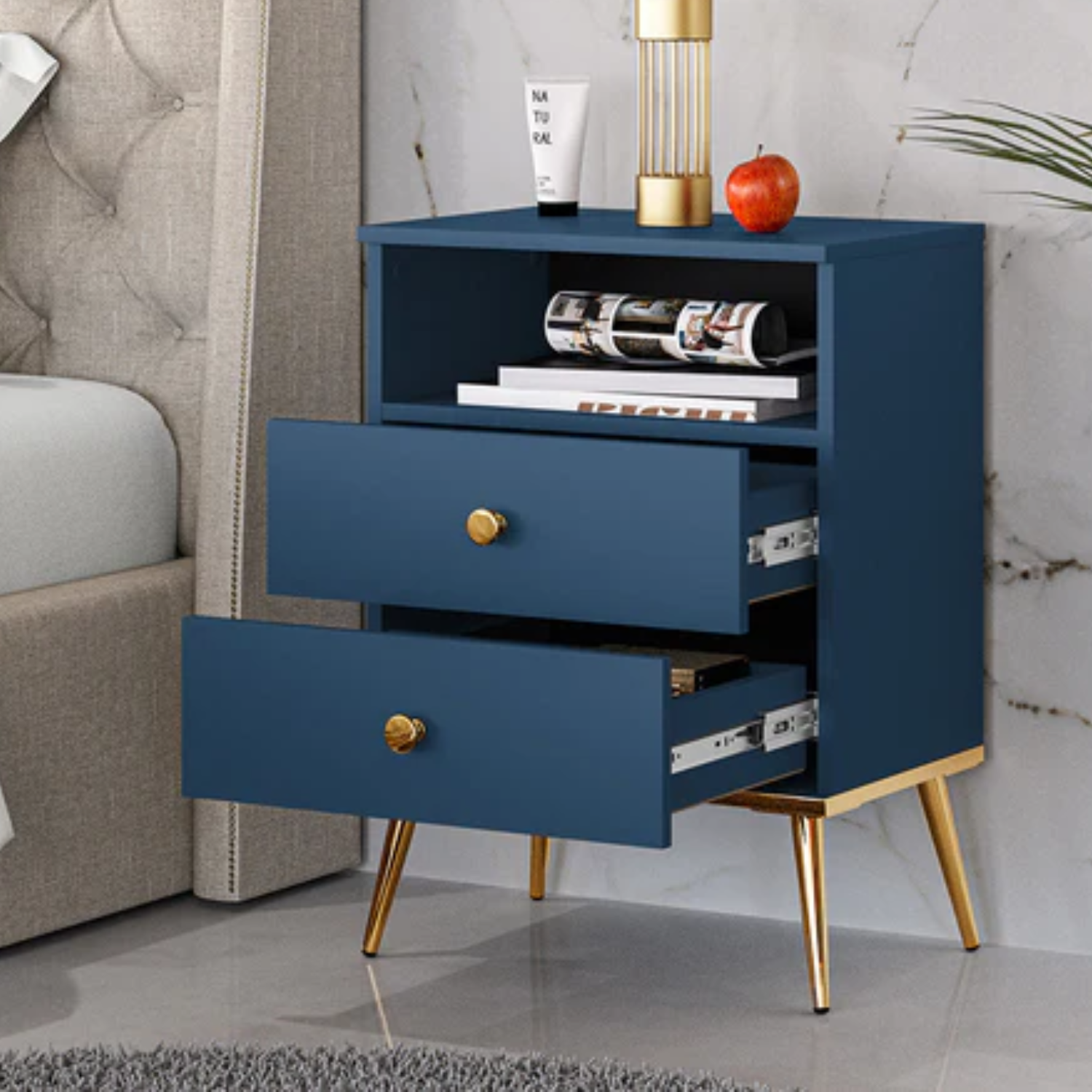 Table de Chevet Moderne en Labrador et Bleu Foncé avec Bordure ABS – Élégance et Durabilité pour Votre Chambre