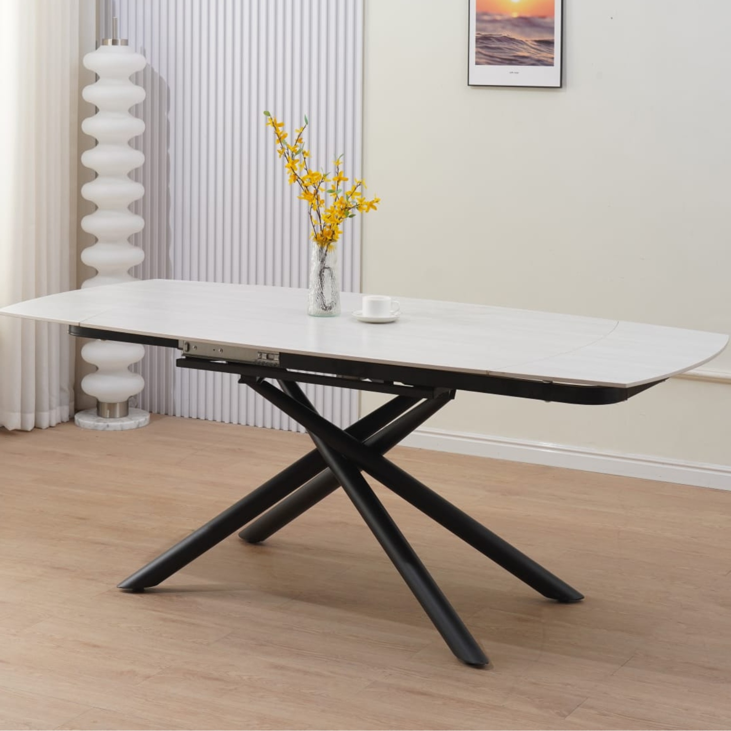 Table à manger extensible  – Plateau céramique travertin mat ou blanc – Pied métal noir –  129/189x89x76 cm