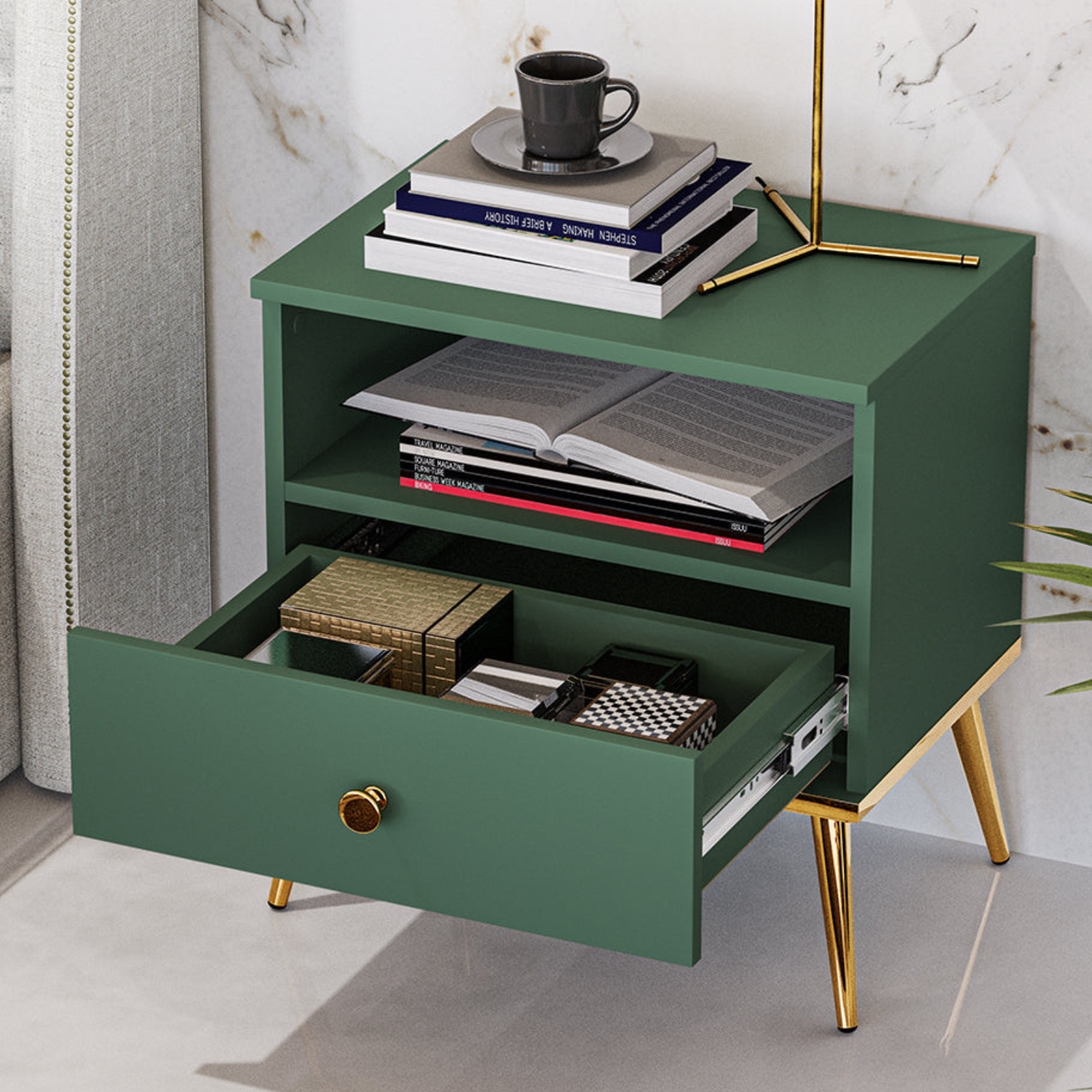 Table de Chevet Labrador avec Pieds Dorés Métalliques  - Design Élégant et Résistant