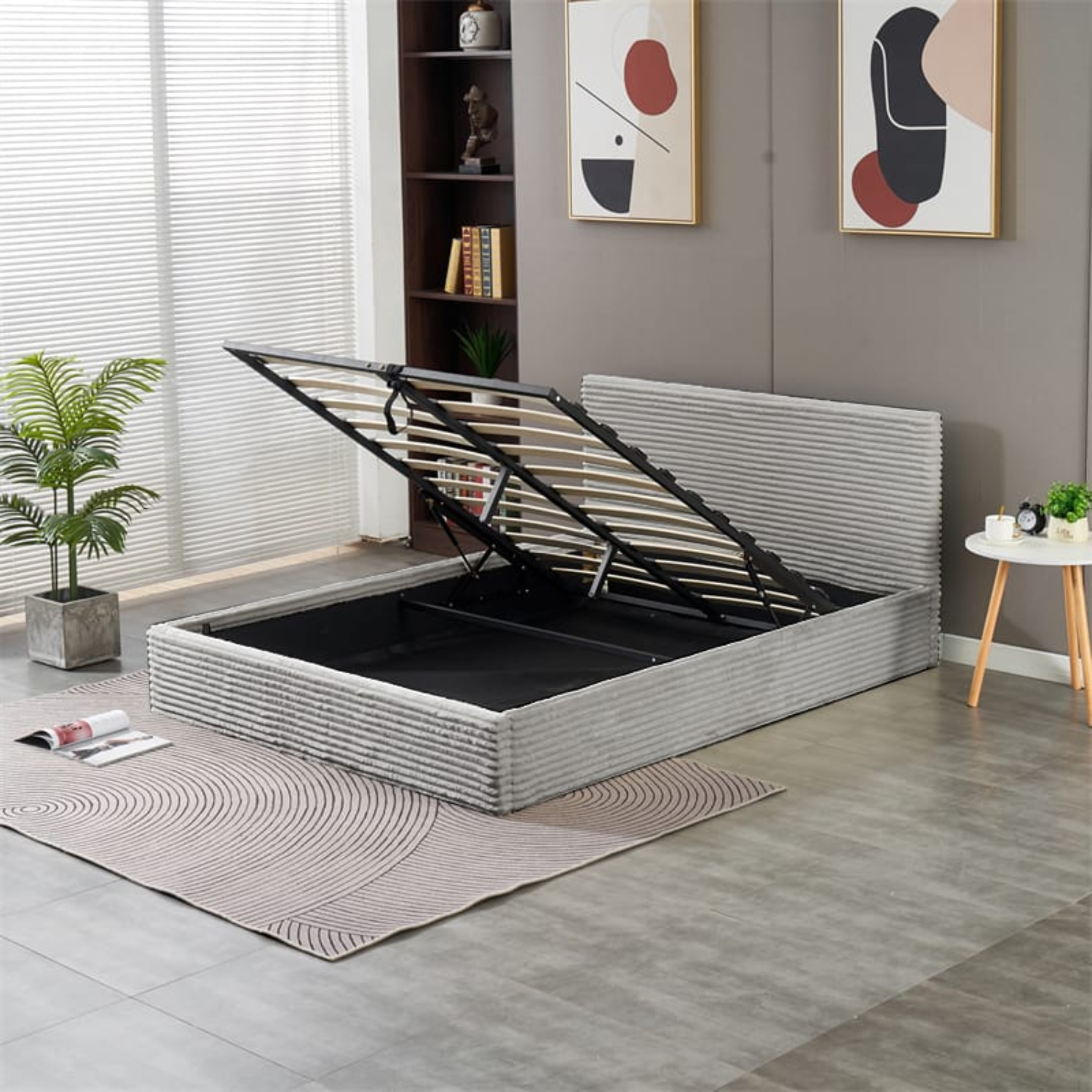 Lit Coffre Côtelé en Velours – Écru ou Gris – 90x190, 140x190, 160x200 cm