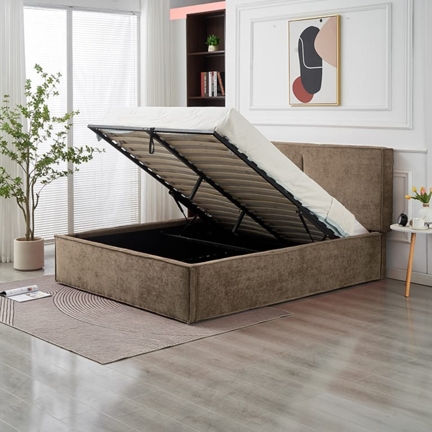 Lit coffre  en tissu chenille – avec sommier à lattes et rangement intégré (140x190, 160x200, 180x200)