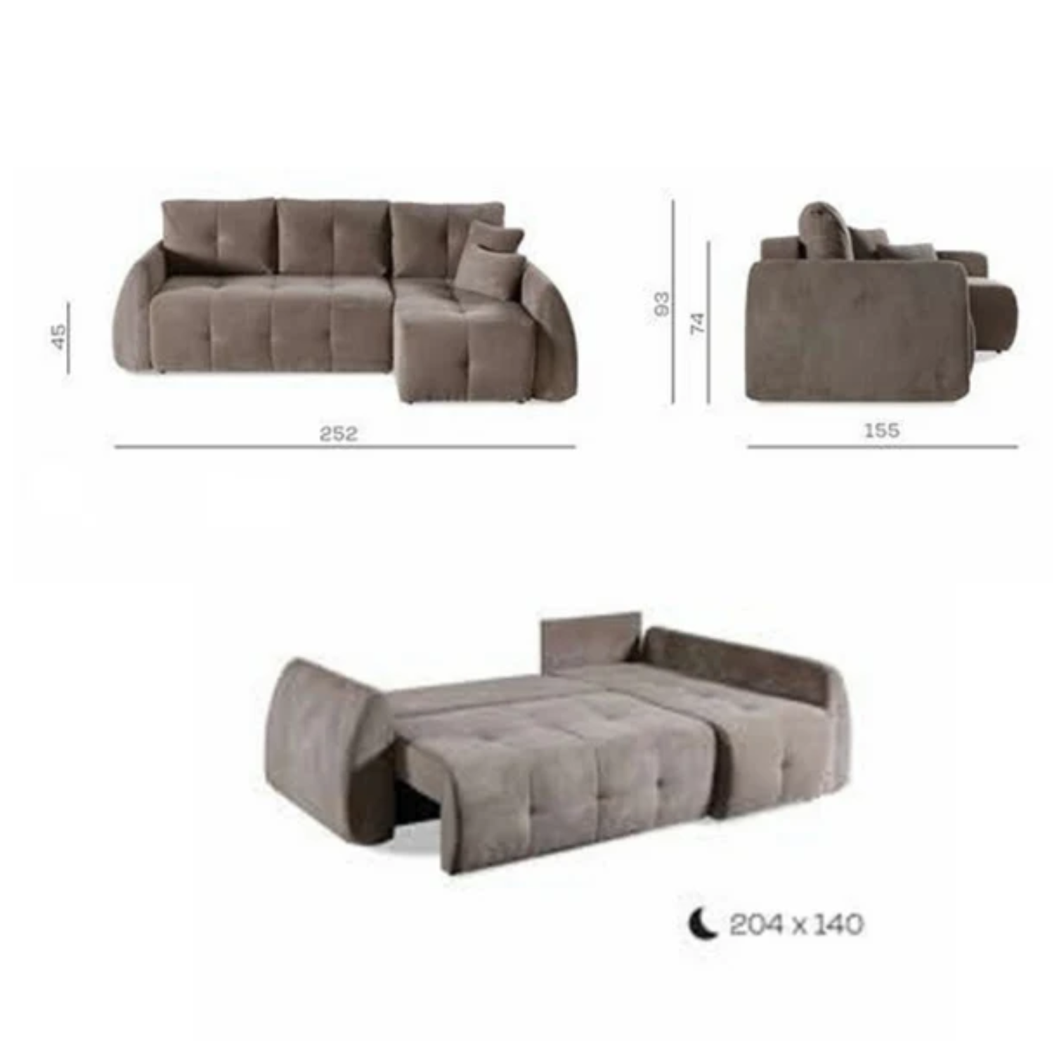 Canapé d'angle extensible matelassé 252 cm avec coffre marron