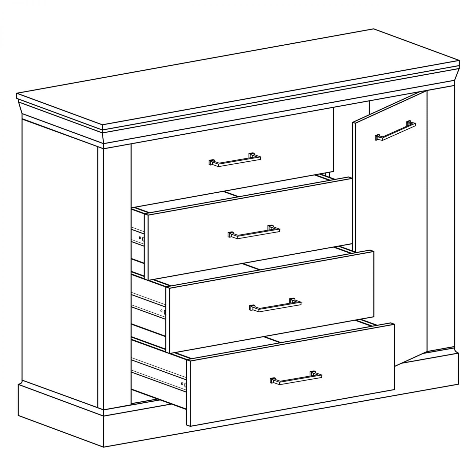 Commode, Buffet avec quatre tiroirs spacieux et meuble avec étagère - Decora Home