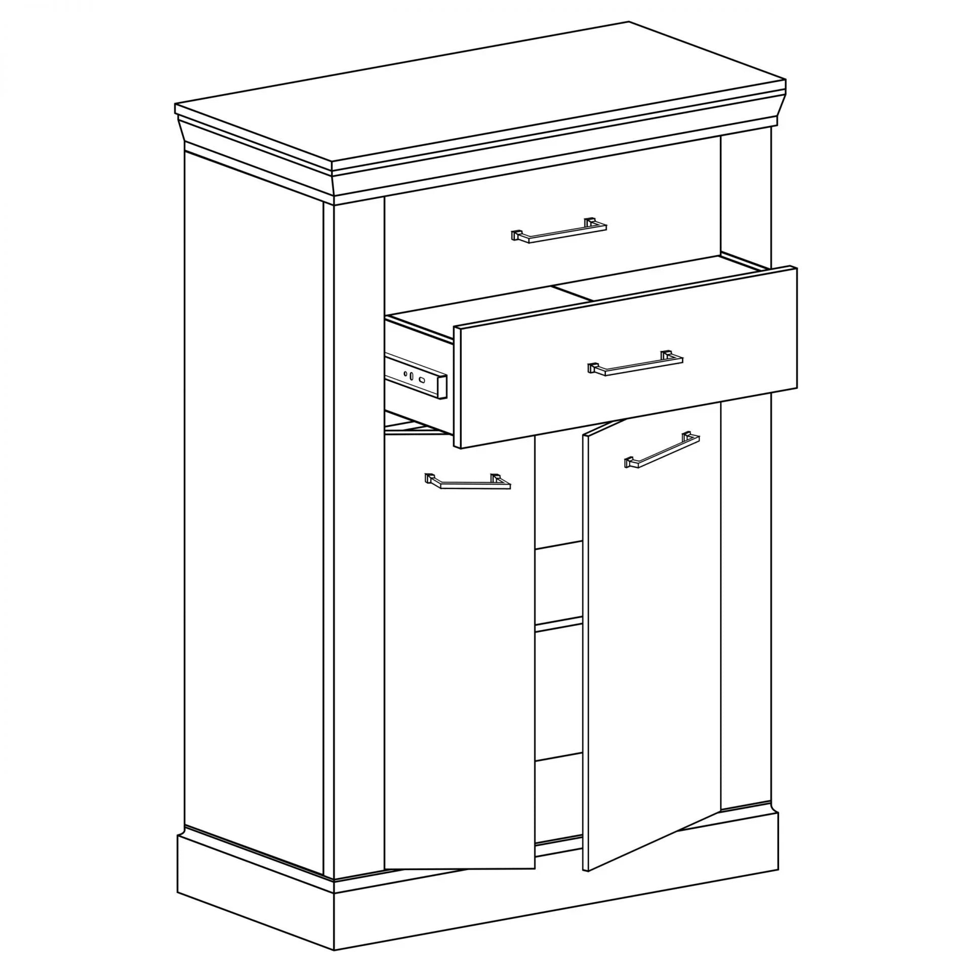Commode, Buffet étroite avec deux tiroirs et étagères - Decora Home