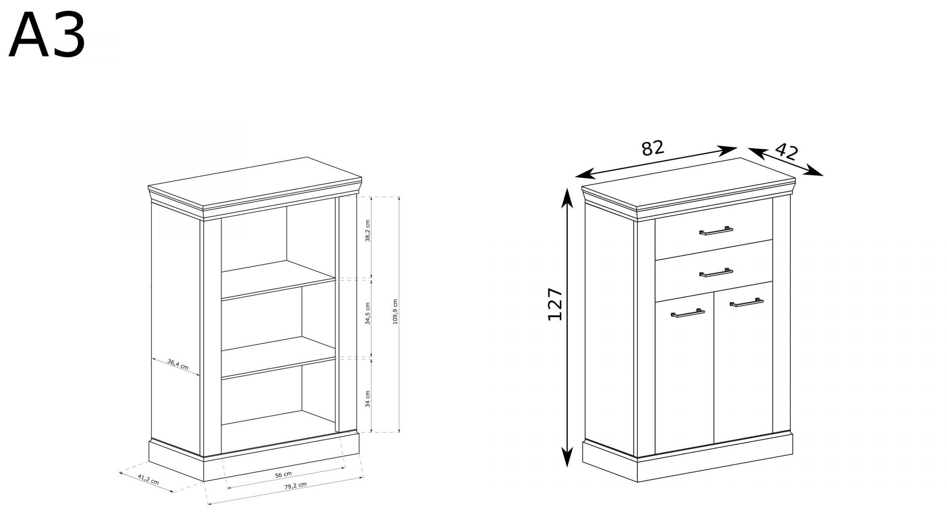 Commode, Buffet étroite avec deux tiroirs et étagères - Decora Home