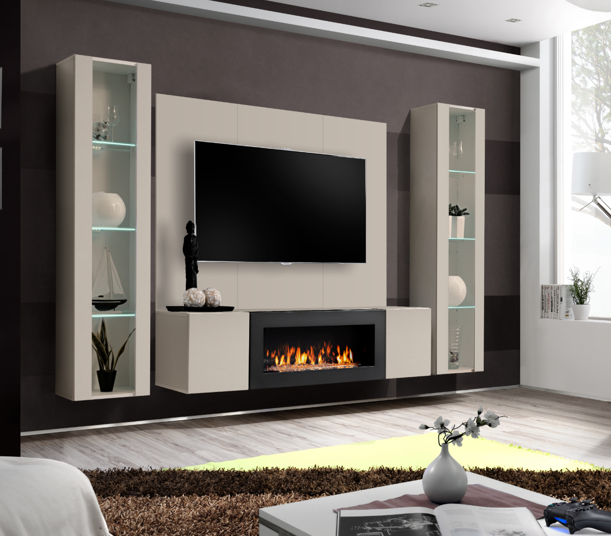 Composition TV Wall unit FLY M-P2 avec cheminée bioéthanol