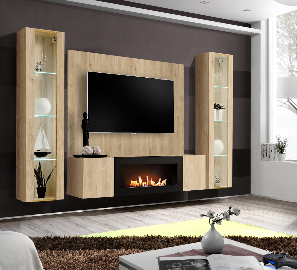 Composition TV FLY M-P2 260cm avec Cheminée Bioéthanol et A Panel - Hickory Jackson