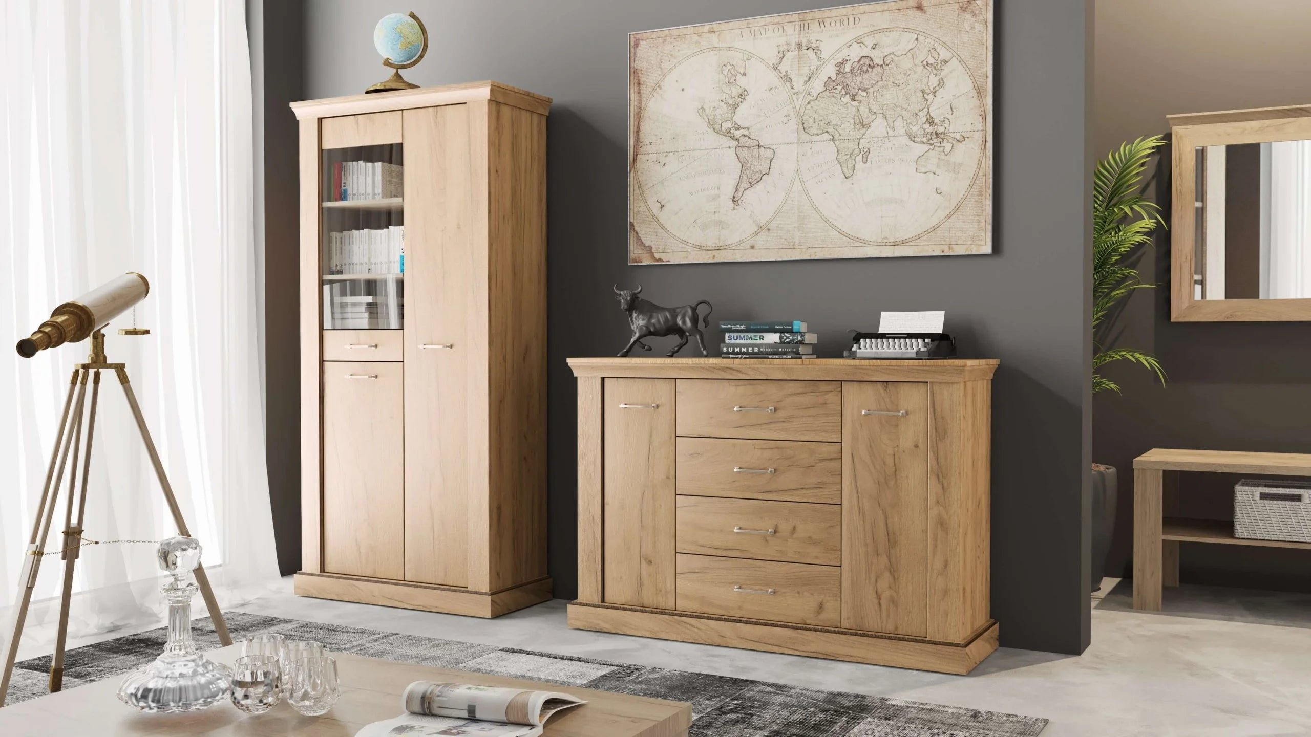 Commode étroite avec deux tiroirs et étagères