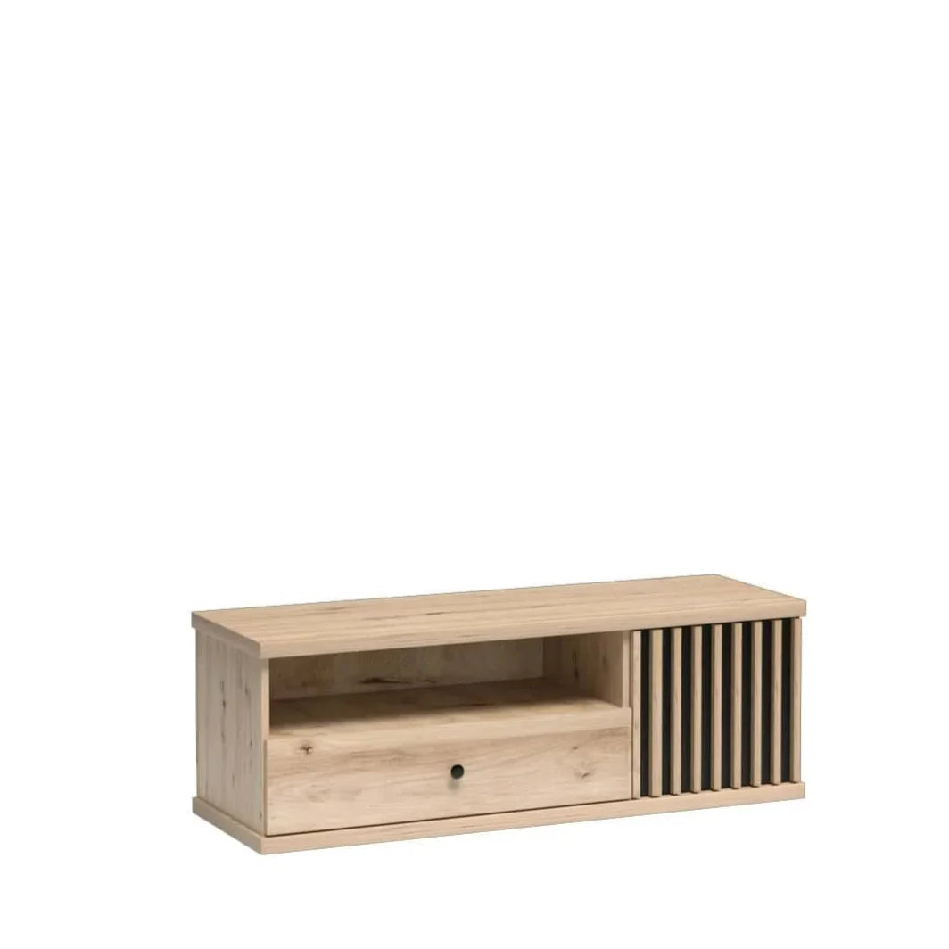 Meuble innovant avec tiroir central et armoire, design moderne avec façade noire à lattes et finition Artisan naturelle|Destockage Express|Decora Home