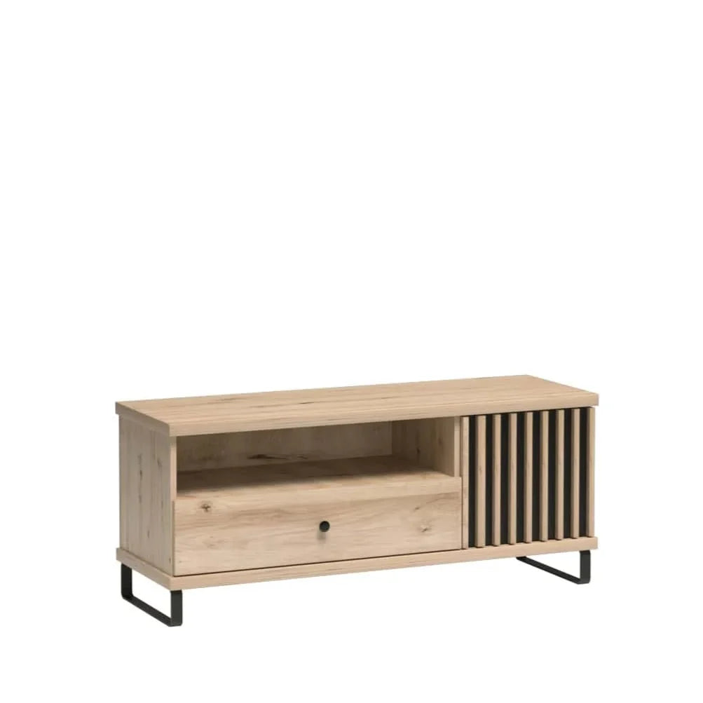 Meuble innovant avec tiroir central et armoire, design moderne avec façade noire à lattes et finition Artisan naturelle - Decora Home