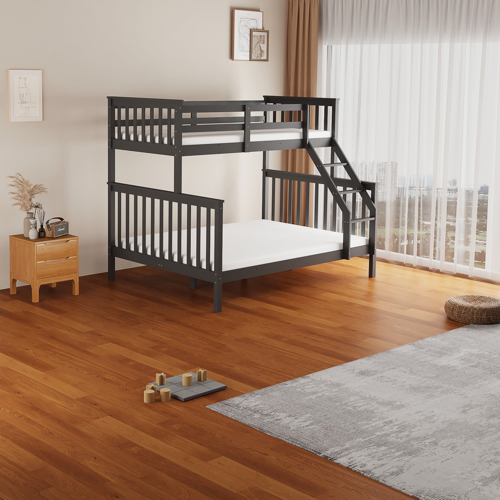 LIT SUPERPOSE BATNA EN BOIS 2+1 GRIS 90X190cm + 140x190cm