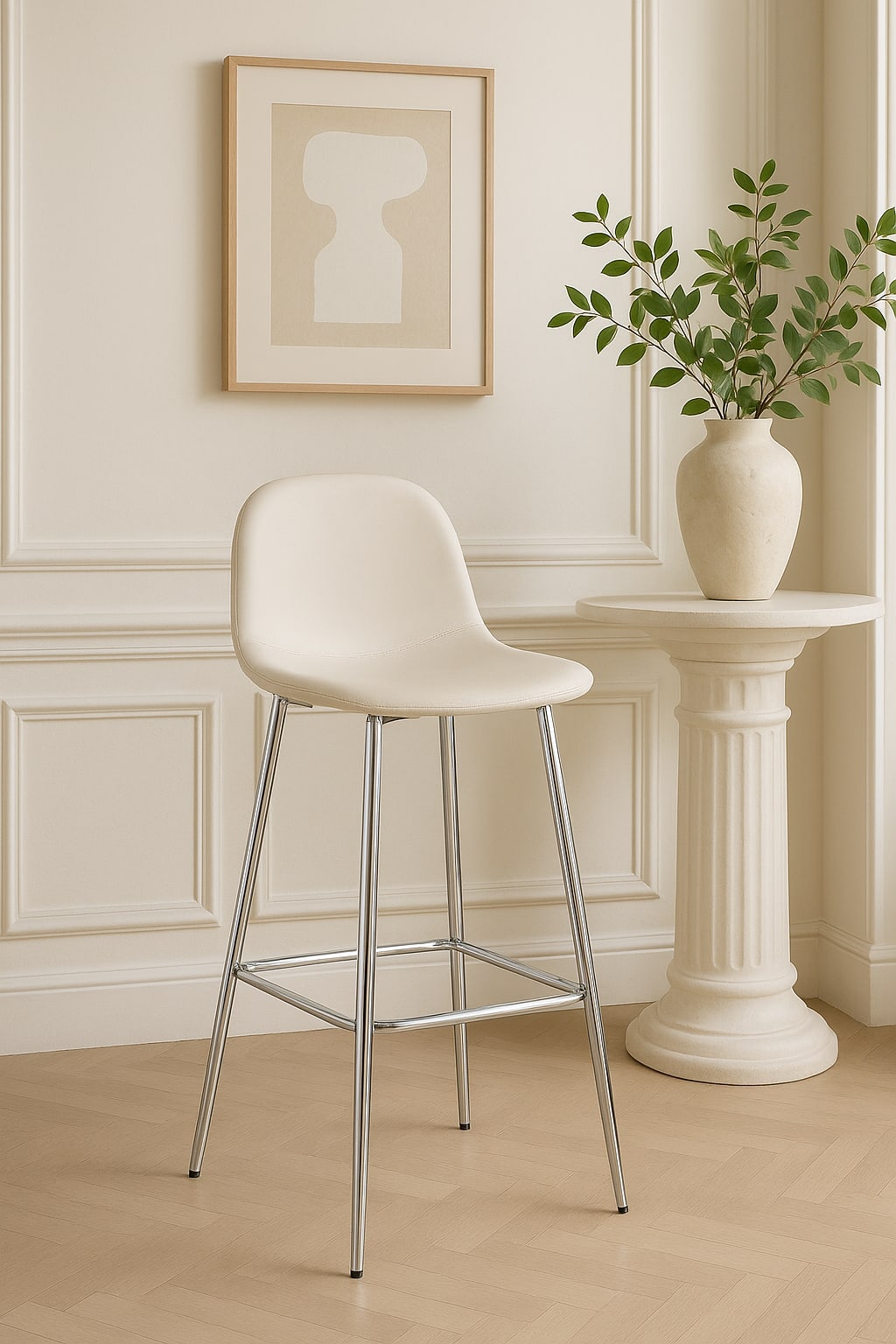 TABOURET DE BAR SCANDINAVE PIED CHROME VELOURS BEIGE