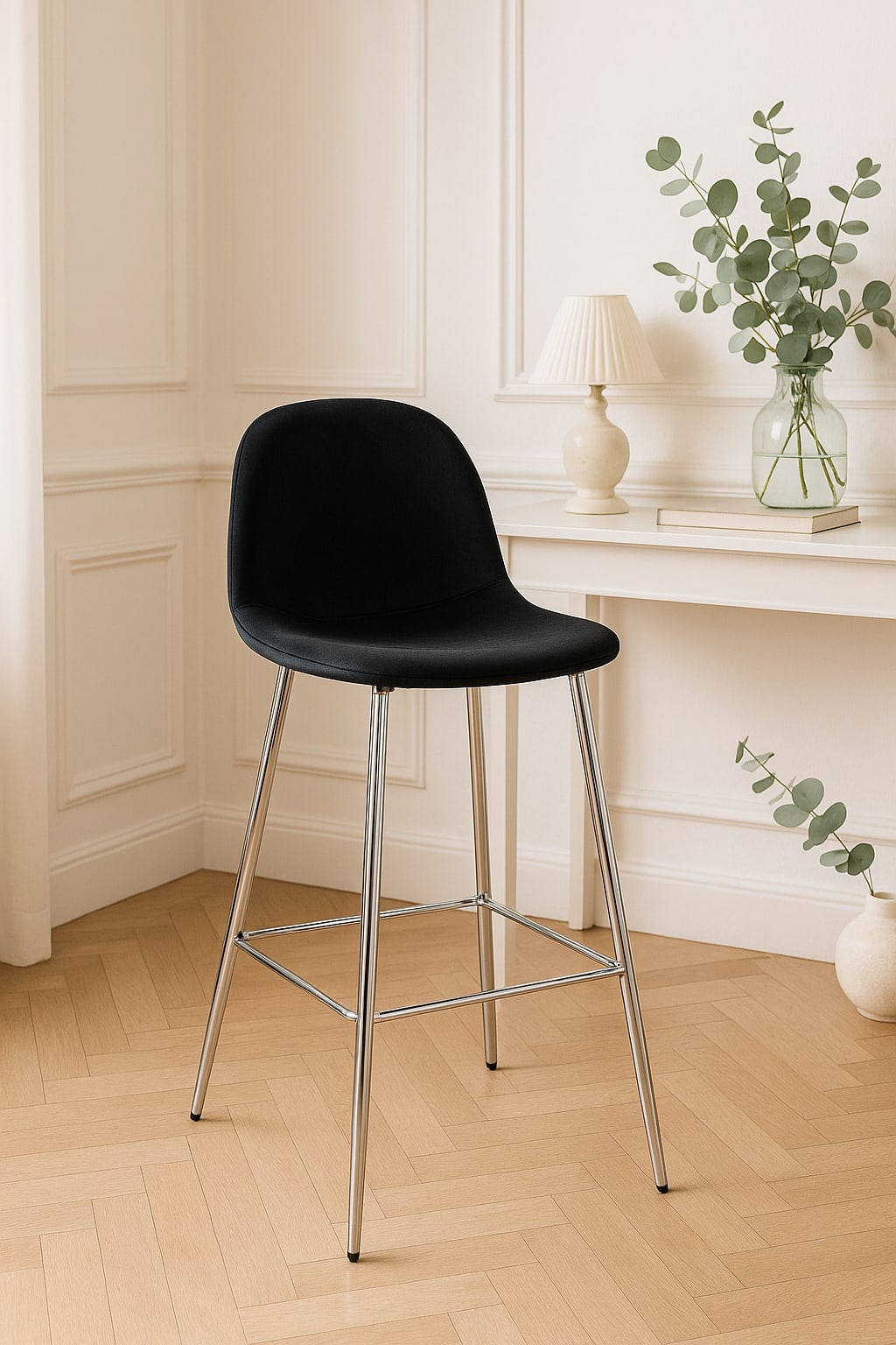 TABOURET DE BAR SCANDINAVE PIED CHROME VELOURS NOIR