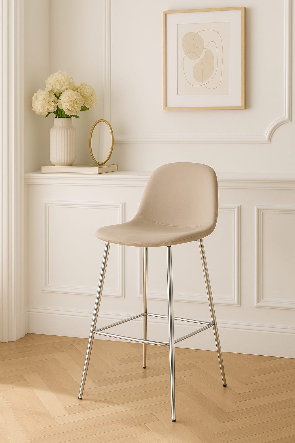 TABOURET DE BAR SCANDINAVE PIED CHROME VELOURS TAUPE