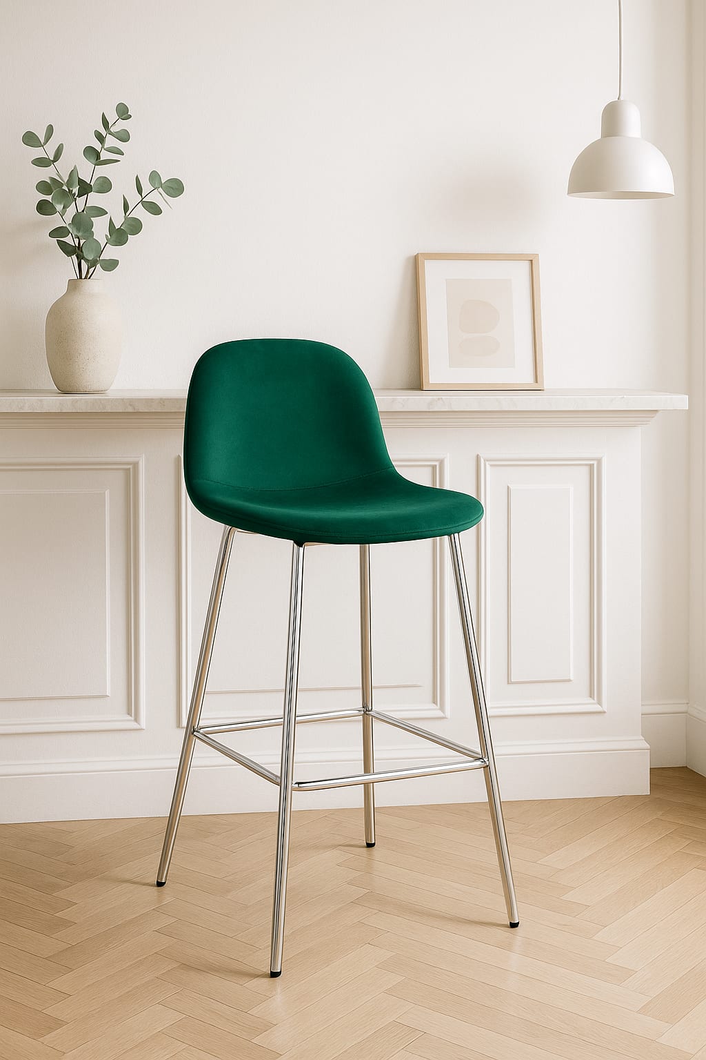 TABOURET DE BAR SCANDINAVE PIED CHROME VELOURS VERT SAPIN