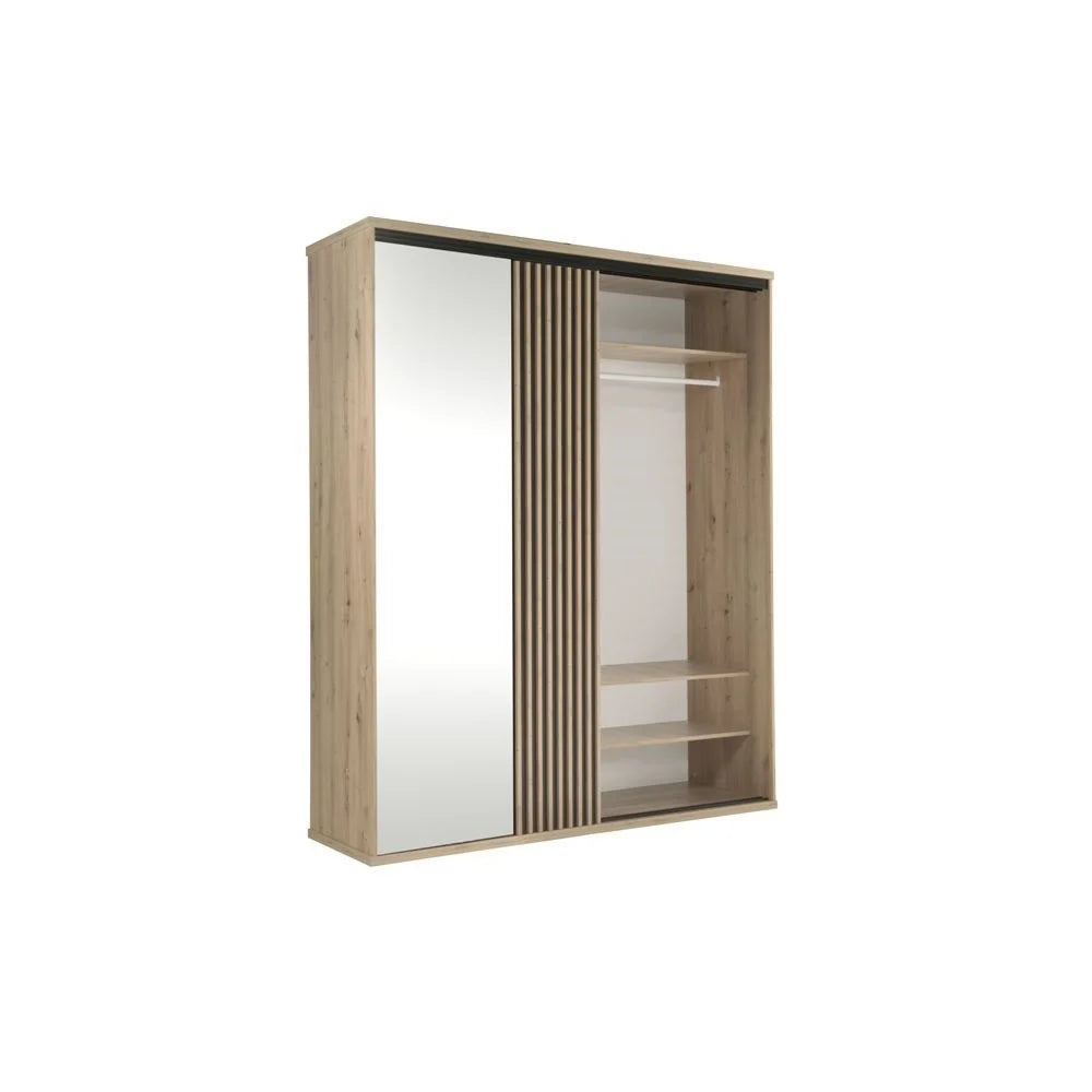 Armoire coulissante moderne avec insert à lattes, touches noires et grand miroir - Decora Home