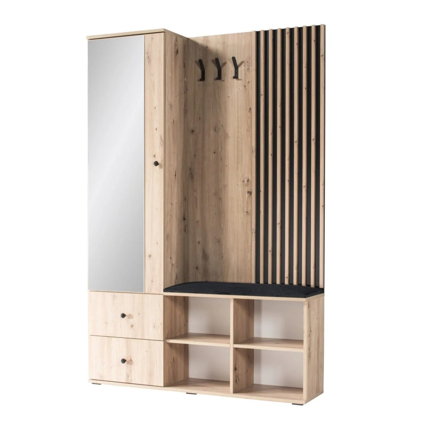 Armoire de couloir avec miroir – 128,5 cm – meuble d’entrée avec assise, cintres et rangement chaussures