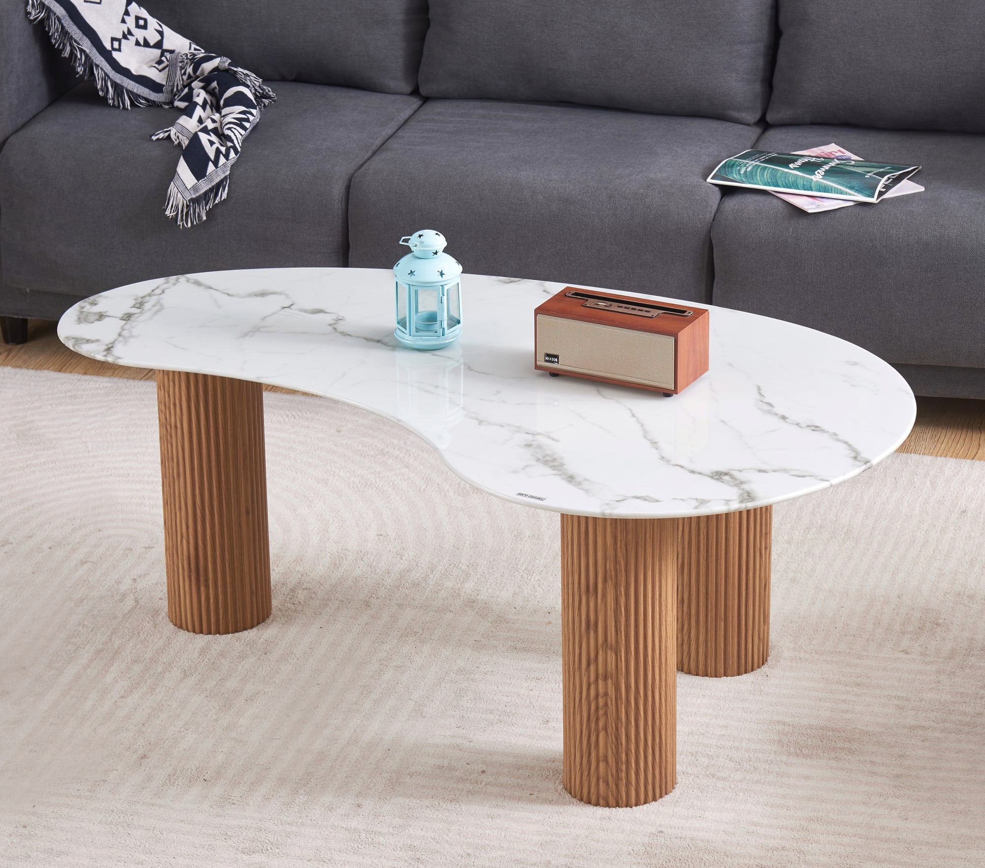 TABLE BASSE PYLONE PIED CHENE PLATEAU MARBRE BLANC 120X70X45cm