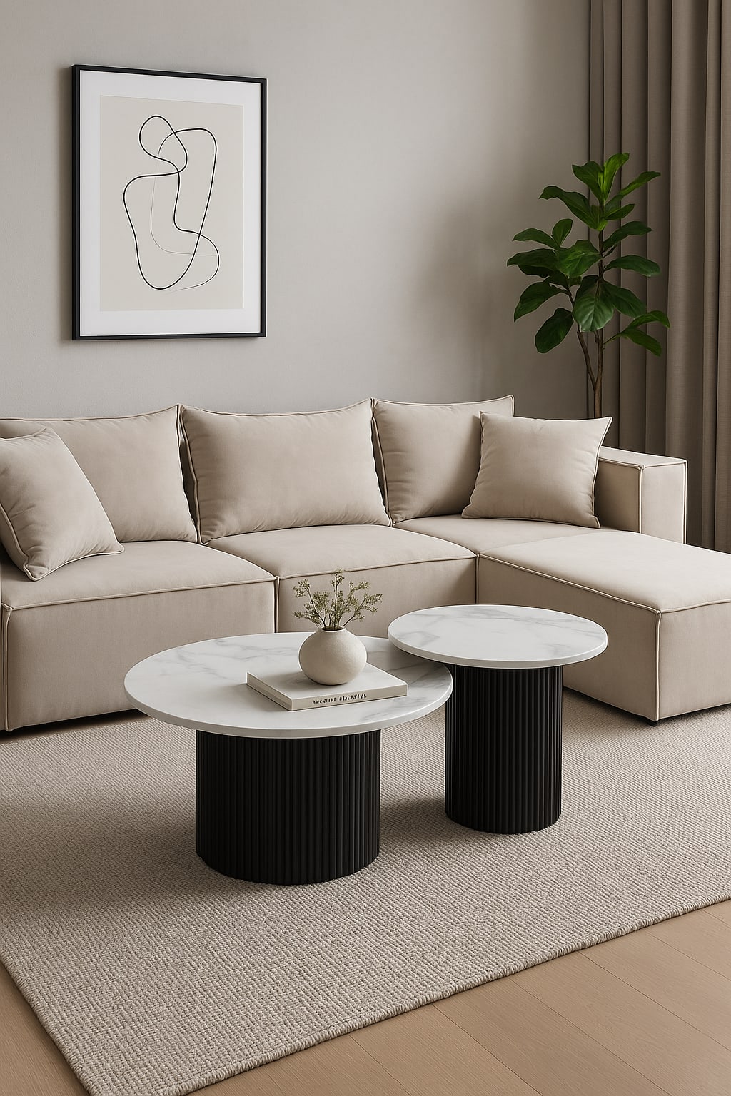 TABLE BASSE GIGOGNE MINA PIED NOIR PLATEAU CERAMIQUE MARBRE BLANC (BLB) 60x45cm + 80x38cm