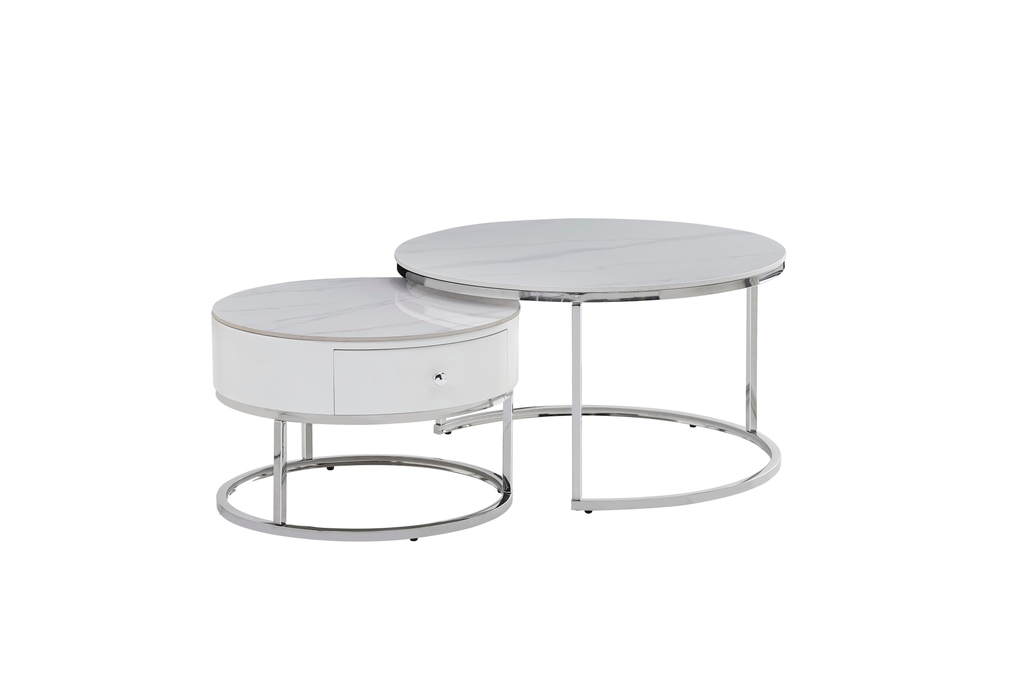 TABLE BASSE GIGOGNE NOVELA PIED CHROME PLATEAU CERAMIQUE MARBRE BLANC 80+60