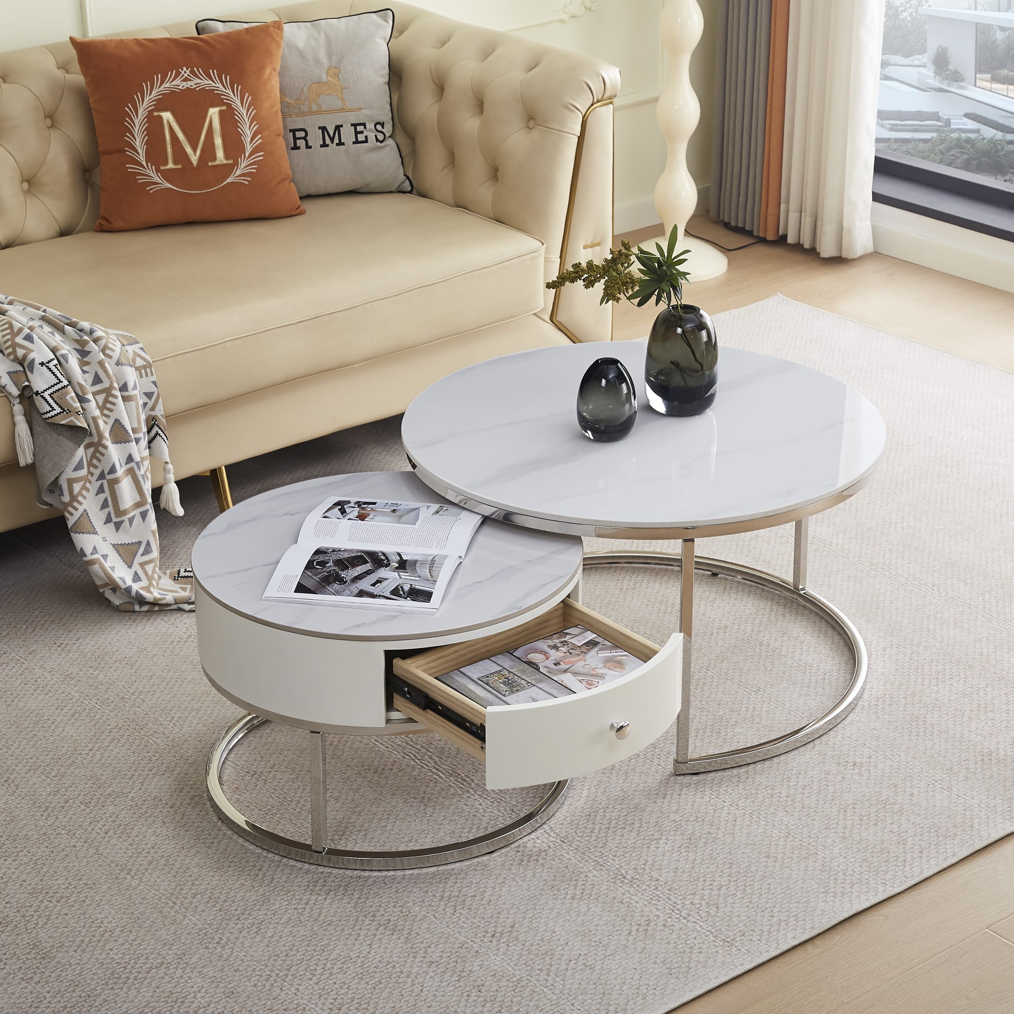 TABLE BASSE GIGOGNE NOVELA PIED CHROME PLATEAU CERAMIQUE MARBRE BLANC 80+60