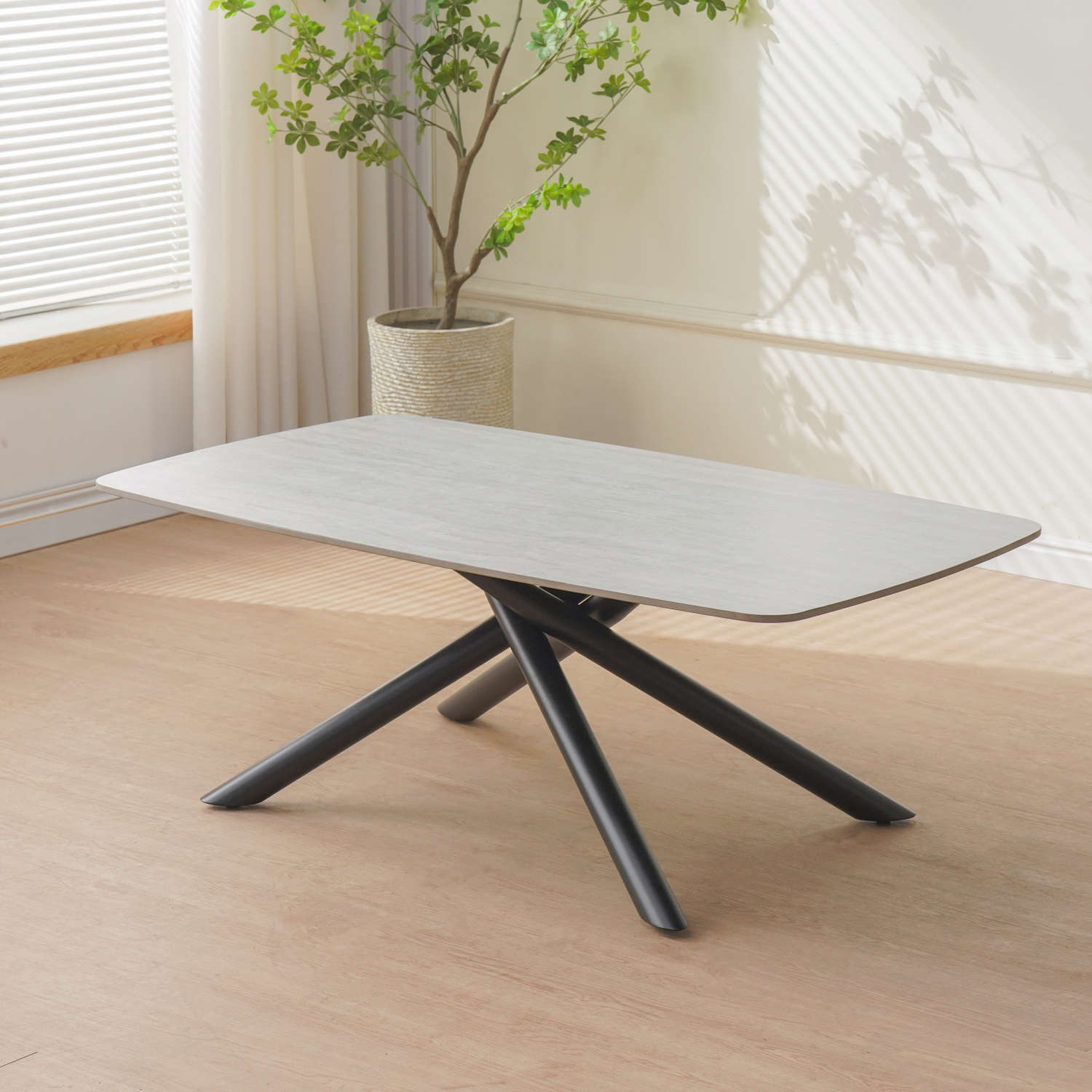 TABLE BASSE NYSA PIED METAL NOIR CERAMIQUE TRAVERTIN BLANC 120CM