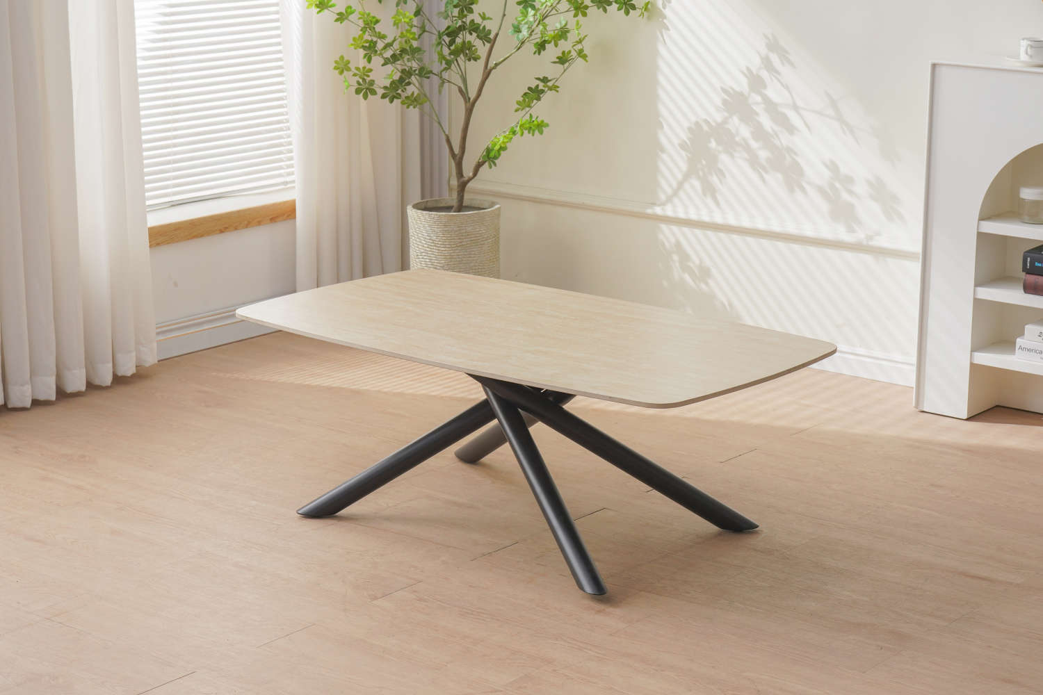 TABLE BASSE NYSA PIED METAL NOIR CERAMIQUE TRAVERTIN MAT 120