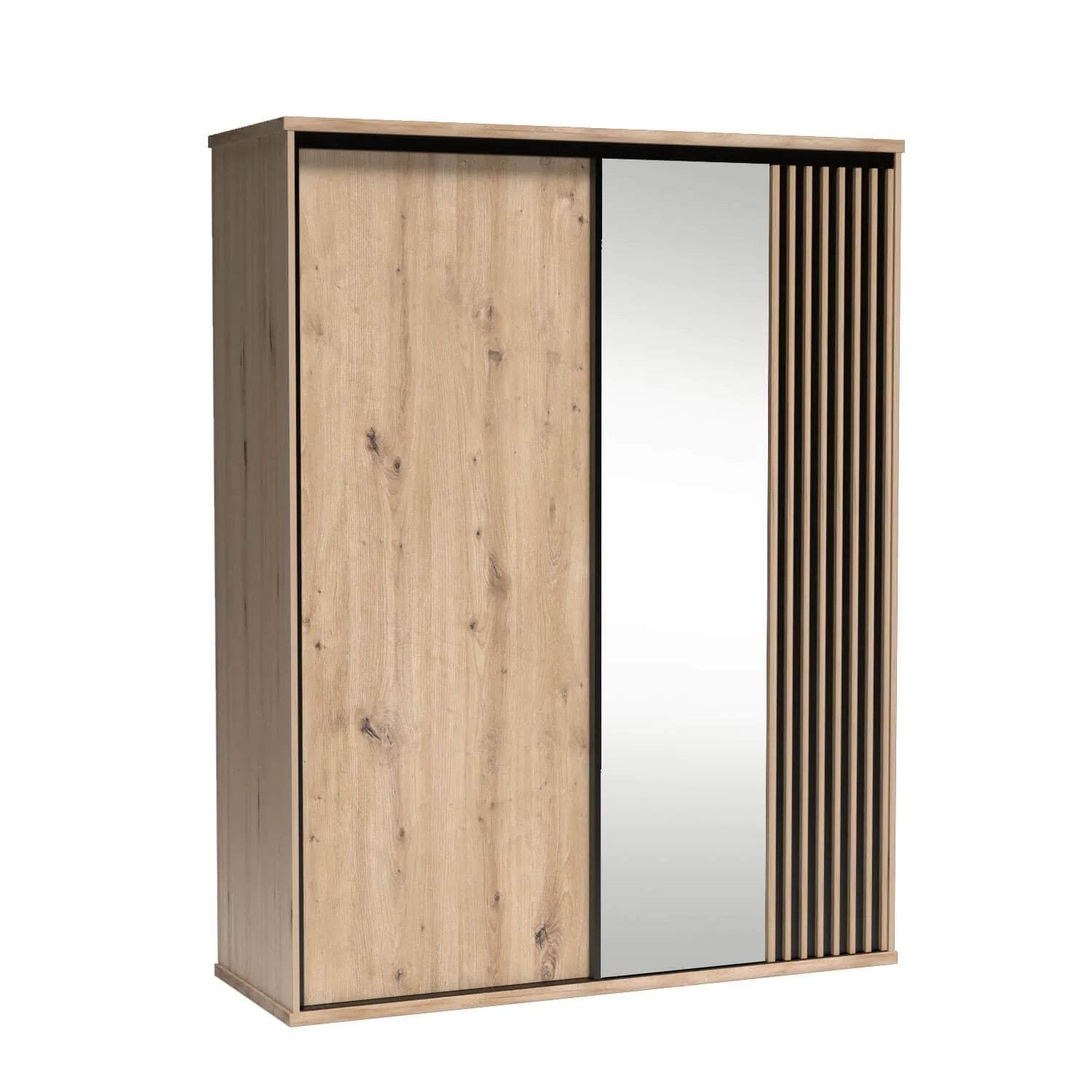 Armoire coulissante moderne avec insert à lattes, touches noires et grand miroir|Promo exclusive|Decora Home